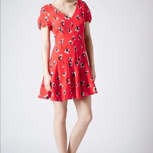 Topshop Red Floral Dress Fit and Flare 8